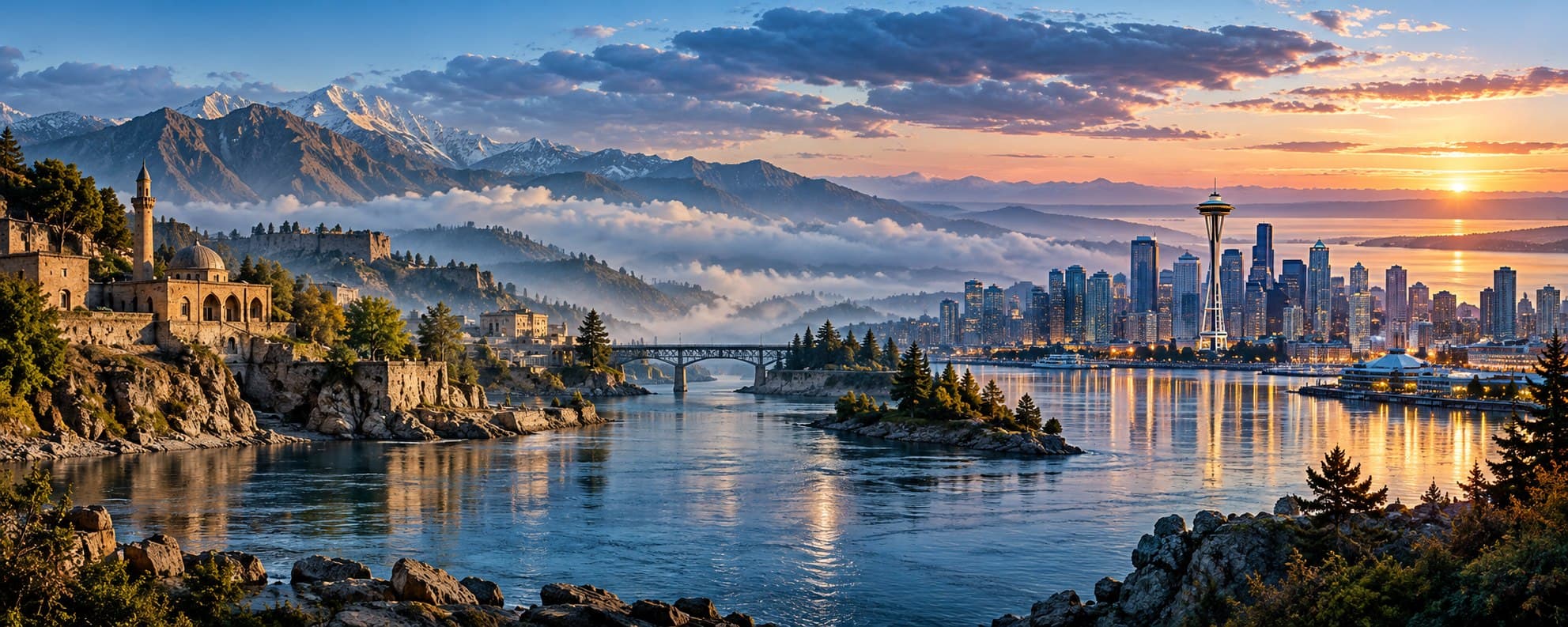 Illustrative cinematic landscape connecting Pakistan’s mountains and architecture with Seattle’s skyline